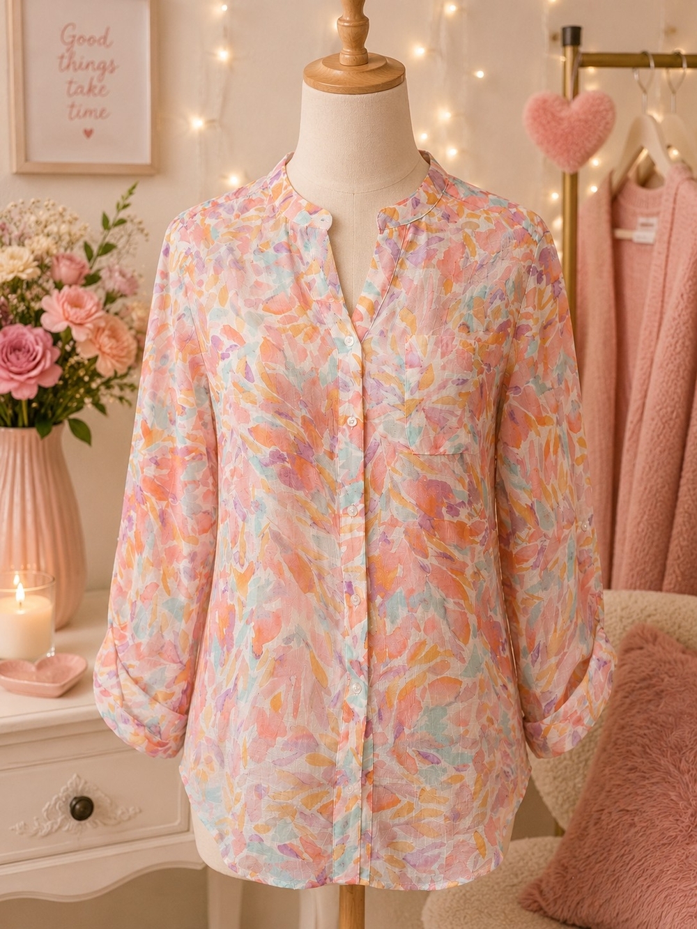 Pastel Multi-Color Button-Front Blouse - Pink Palette Long Sleeve